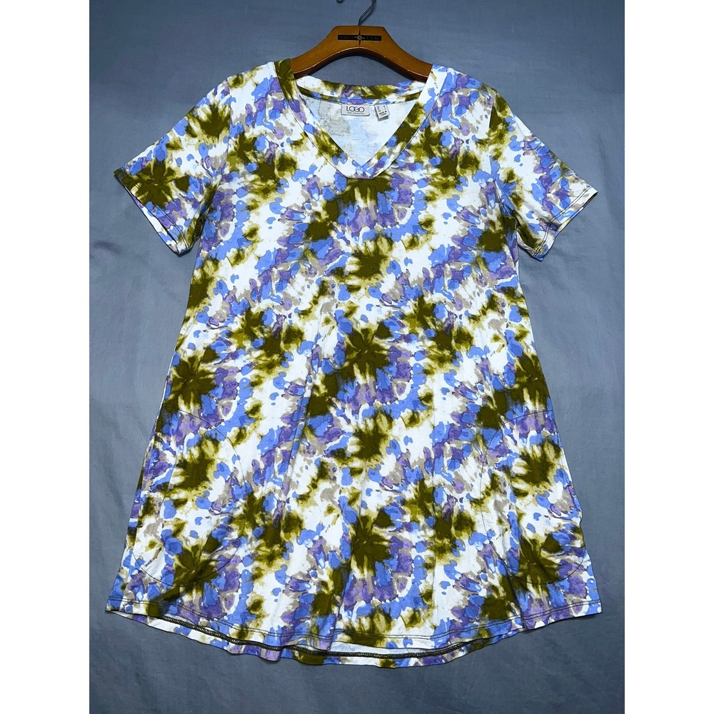 LOGO Lori Goldstein Tie Dye V-Neck Tunic Top Short Sleeve Olive Purple Large